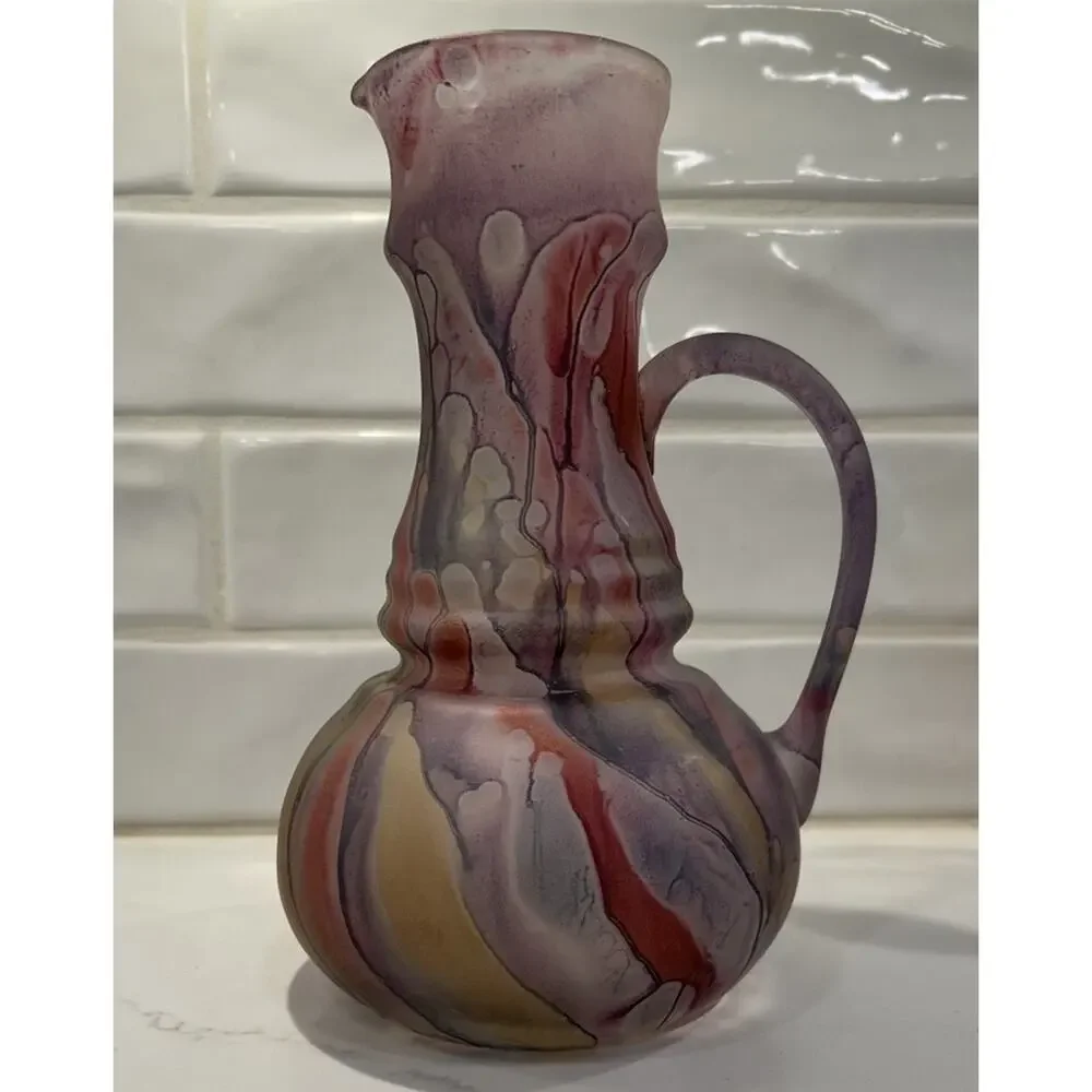 Vtg Rueven Israeli Original Hand Painted Nouveau Art Glass Pitcher Vase Set Of 4